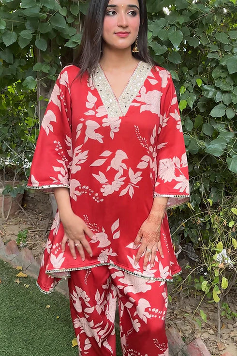 Red Floral Festive Kurta Set